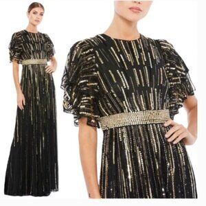 MAC DUGGAL 93582 EMBELLISHED FULL LENGTH LAYERED SLEEVE BLACK GOWN sz 8